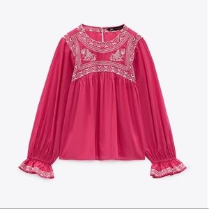 Zara | Tops | Nwt Zara Woman Blouse Top With Contrasting Embroidered ...